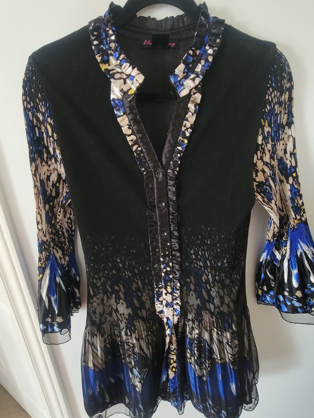 Elena Wang Black Dress with Blue & Cream Print